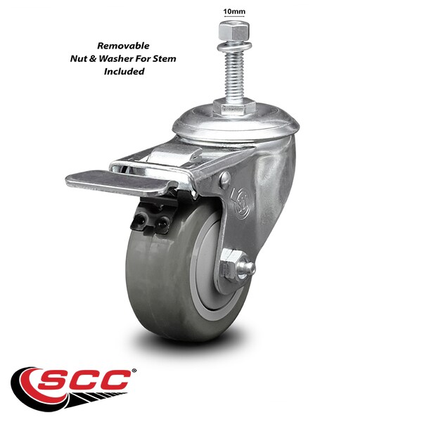 3.5 Inch Gray Polyurethane Swivel 10mm Stem Caster with Total Lock Brake SCC